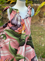 Girls, hawaiian, handkerchief dress, ties at shoulders, v neck, birds of paradise, mauve, flowy, Coradorables, modern aloha, aloha wear, resort wear, family matching