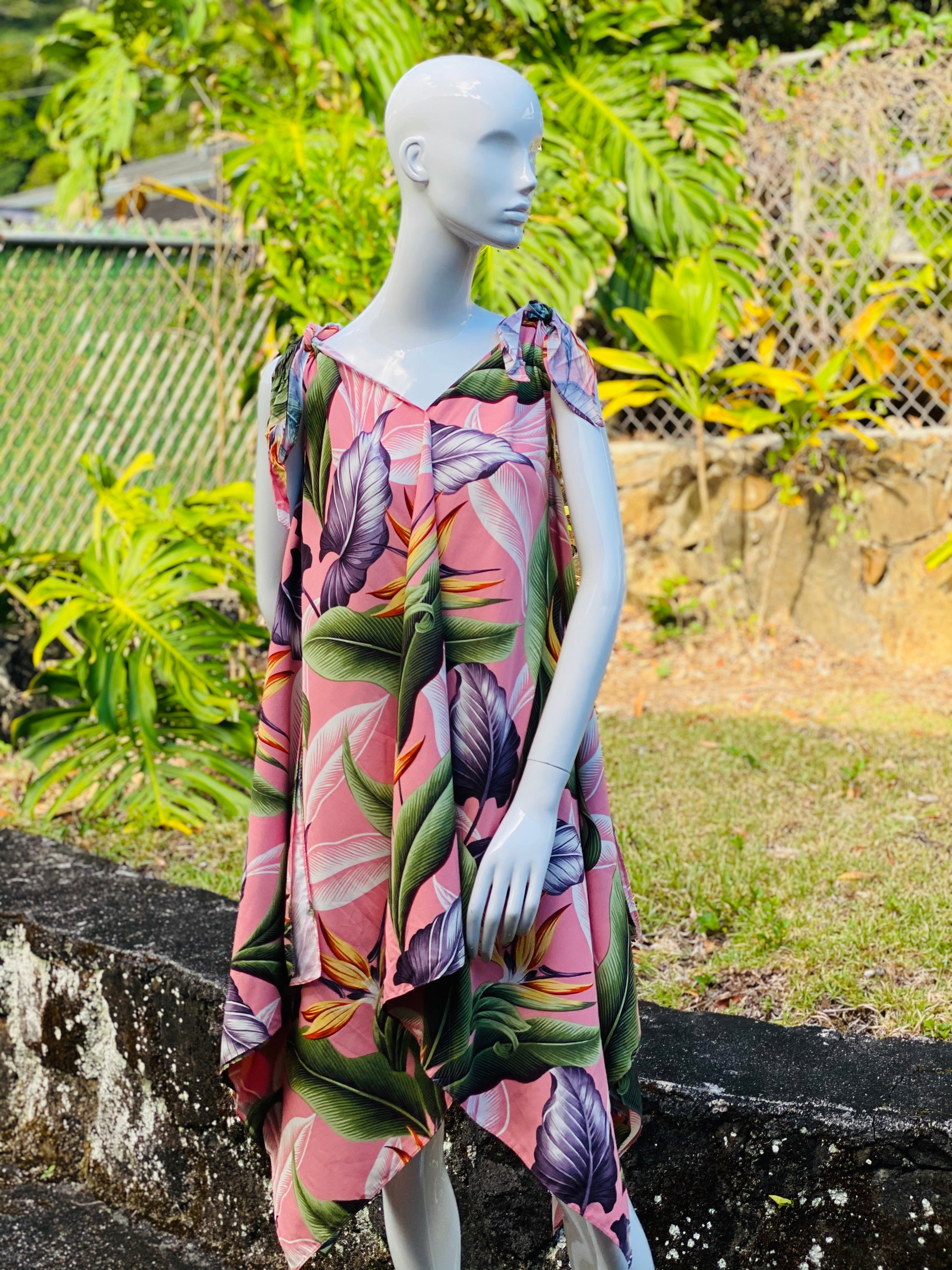 womans, hawaiian, handkerchief dress, plunging neckline, flown, birds of paradise, mauve, Coradorables, modern aloha, aloha wear, resort wear, family matching