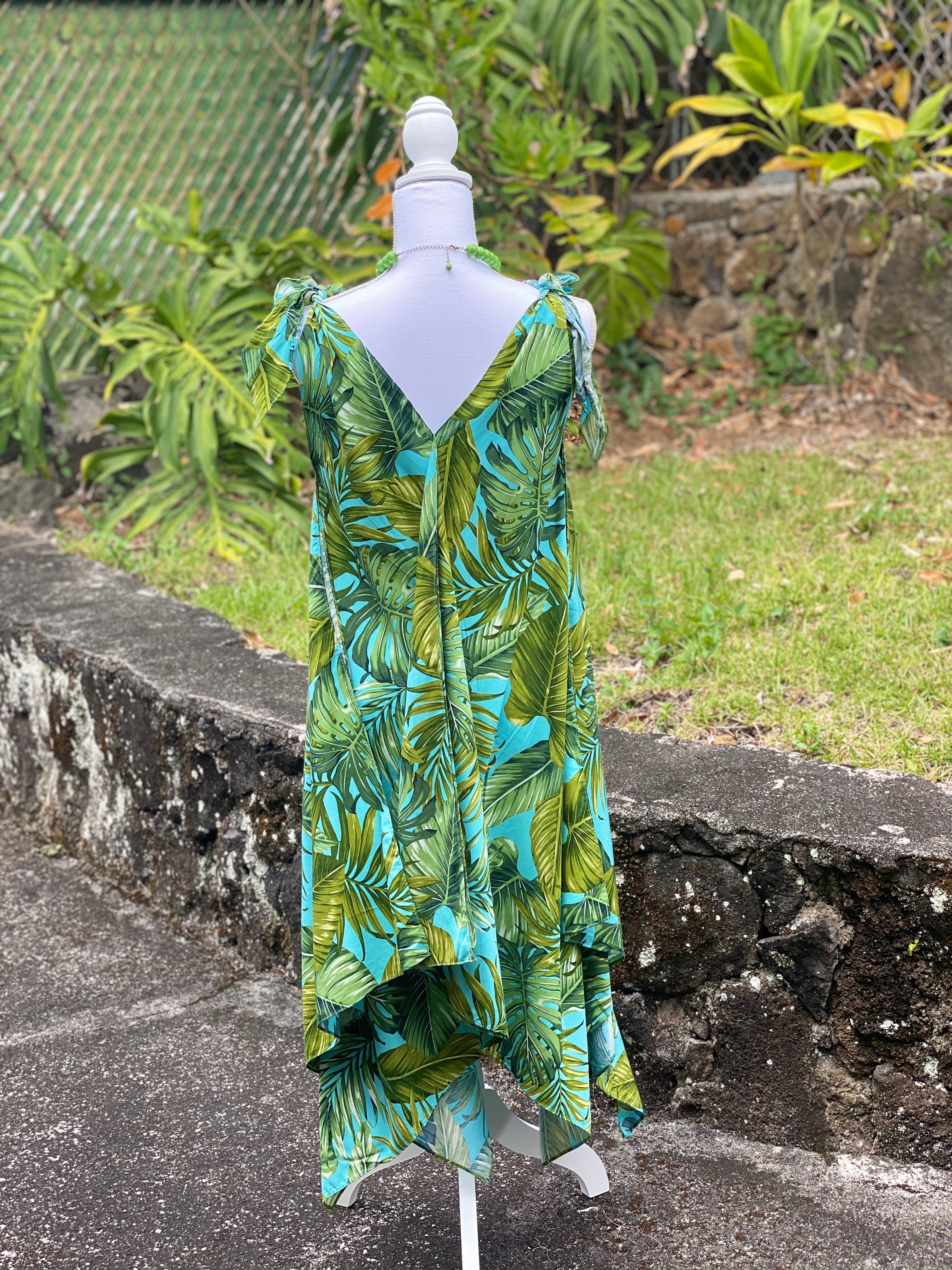 Cora Spearman Hawaii WOMENS  Monstera 21 Turquoise Handkerchief Dress