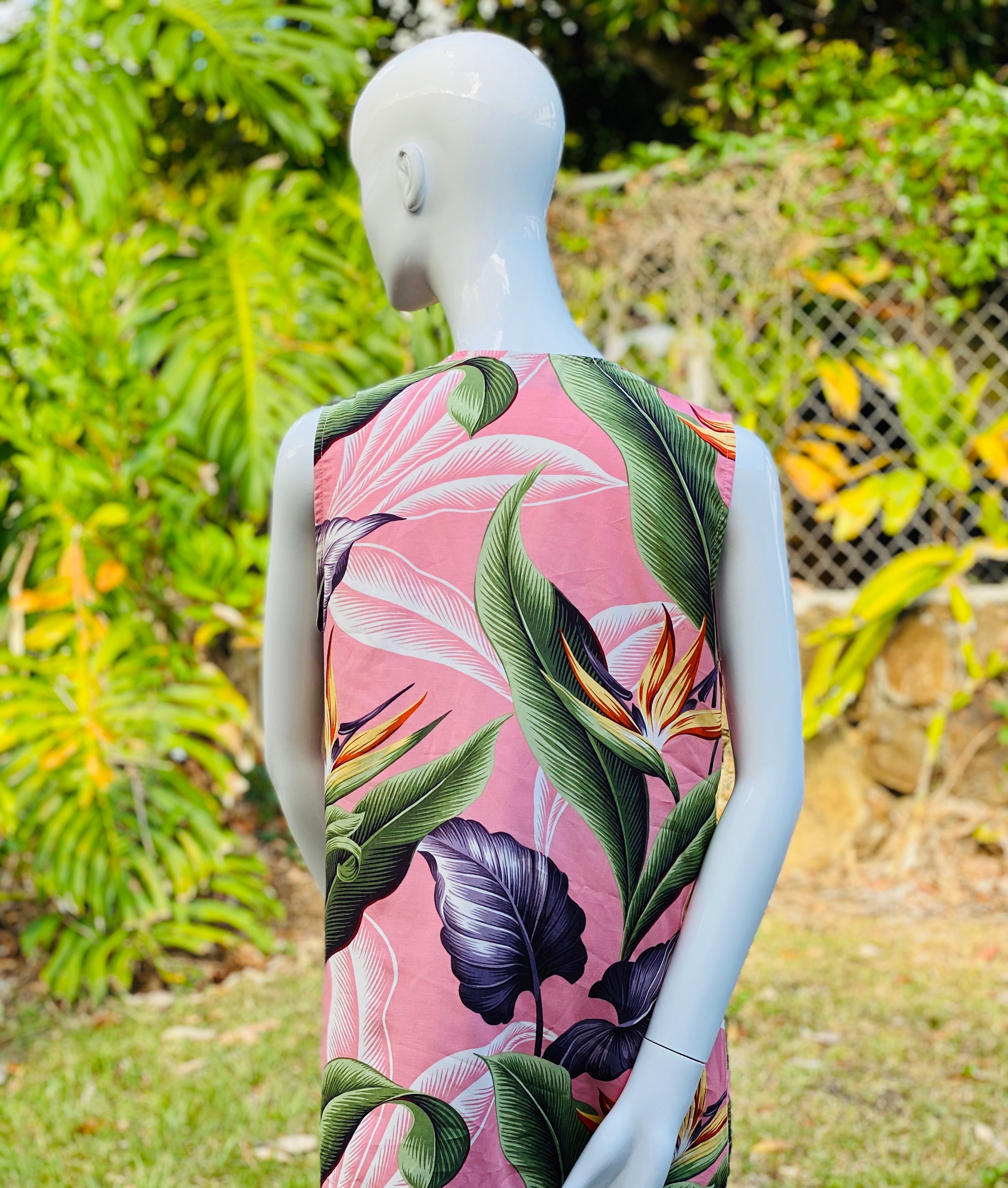 womans, hawaiian, asymmetrical, blouse, v neck, sleeveless, birds of paradise, mauve, Coradorables, modern aloha, aloha wear, resort wear, family matching