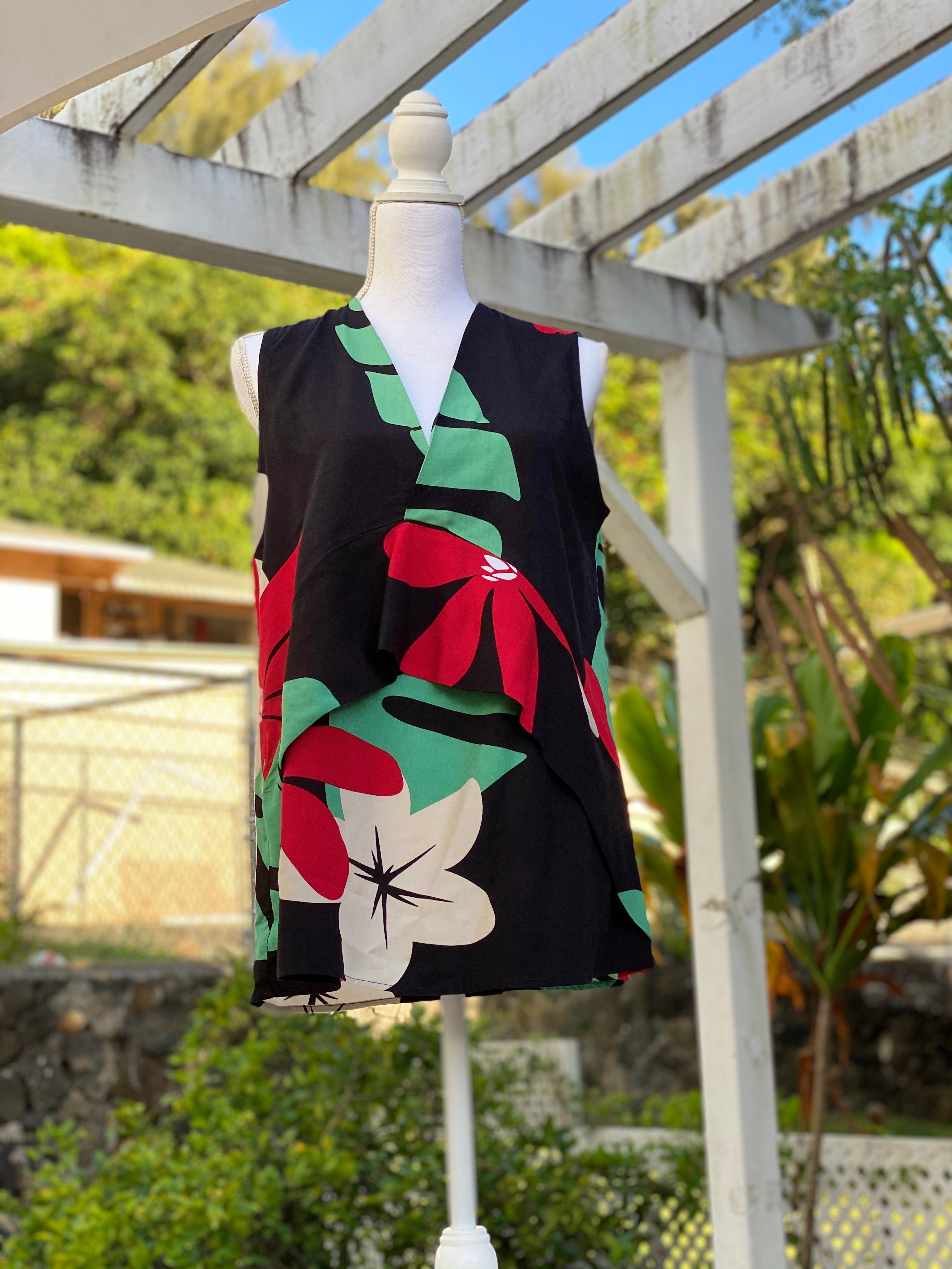 womans, hawaiian, asymmetrical, blouse, v neck, sleeveless, mod aloha black, Coradorables, modern aloha, aloha wear, resort wear, family matching,