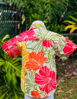 Boys, hawaiian, shirt , slim fit, groovy, hibiscus, yellow, orange, Coradorables, modern aloha, aloha wear, resort wear, family matching