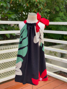 girls, hawaiian, ribbon dress, shoulder tie, mod aloha black, plumeria, monstera, Coradorables, modern aloha, aloha wear, resort wear, family matching