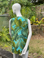 womans, hawaiian, asymmetrical, blouse, sleeveless, v-neck,, monstera, turquoise, green, rayon, Coradorables, modern aloha, aloha wear, resort wear, family matching