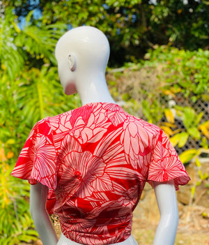 Womans, hawaiian, print, wrap top, flutter sleeve, protea, watermelon, Coradorables, modern aloha, aloha wear, resort wear, family matching