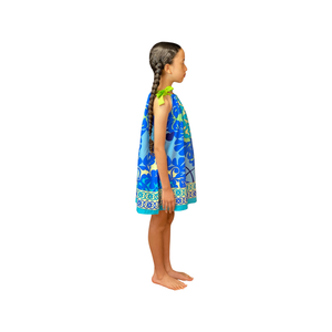 girls, hawaiian print, ribbon dress, tie at shoulder, ocean blue, hawaiian quilt, aloha wear, resort wear, Coradorables, family matching