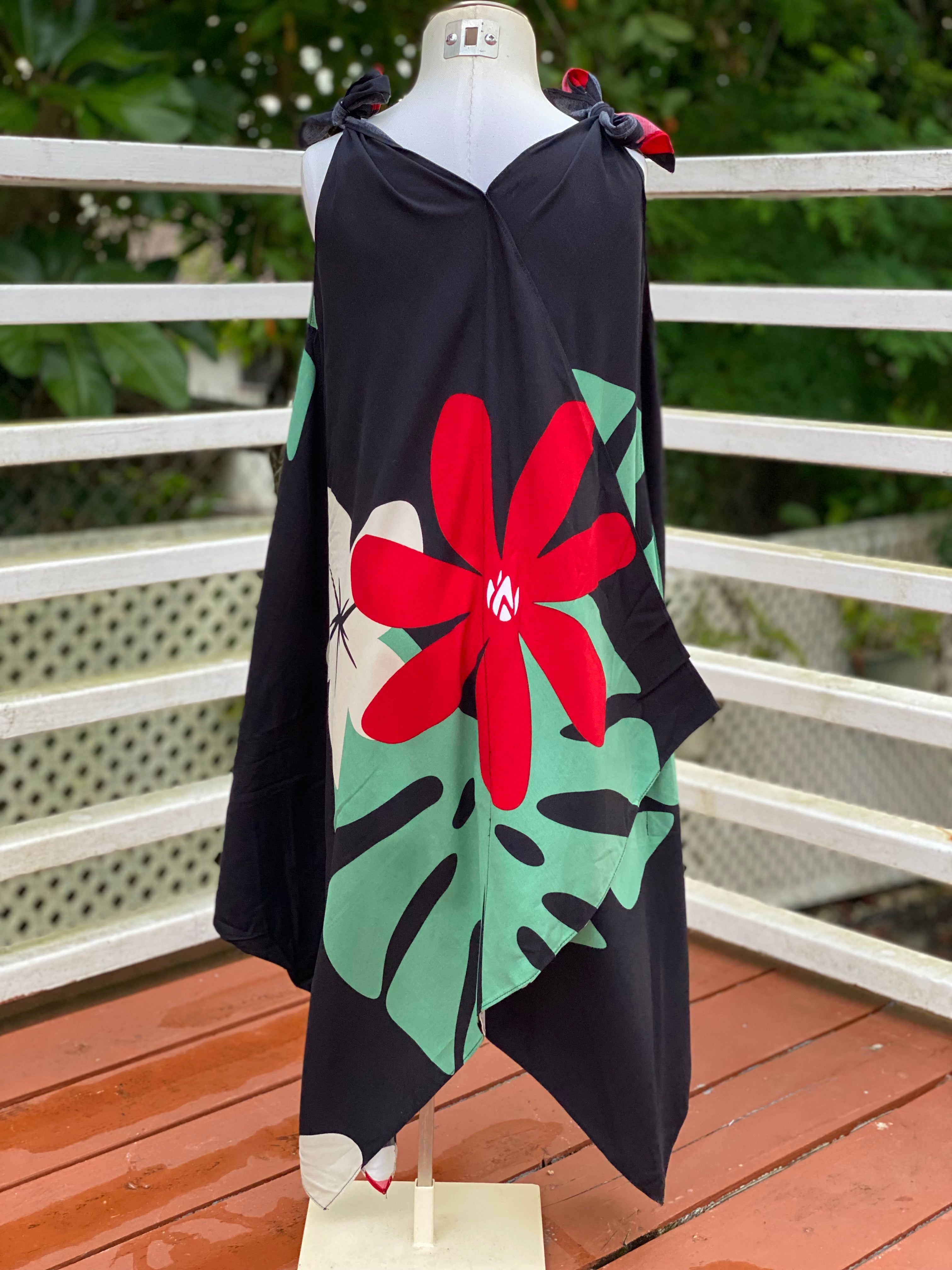 girls, hawaiian, handkerchief, dress, v-neck, flowing, mod aloha black, plumeria, monstera, Coradorables, modern aloha, aloha wear, resort wear, family matching