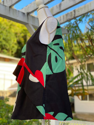 womans, hawaiian, asymmetrical, blouse, v neck, sleeveless, mod aloha black, Coradorables, modern aloha, aloha wear, resort wear, family matching, plumeria