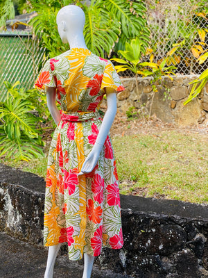 Womans, hawaiian, print, wrap top, flutter sleeve, groovy, hibiscus, yellow, orange, Coradorables, modern aloha, aloha wear, resort wear, family matching