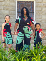 womans, hawaiian, wide legged, pant, mod aloha black, plumeria, monstera, Coradorables, modern aloha, aloha wear, resort wear, family matching